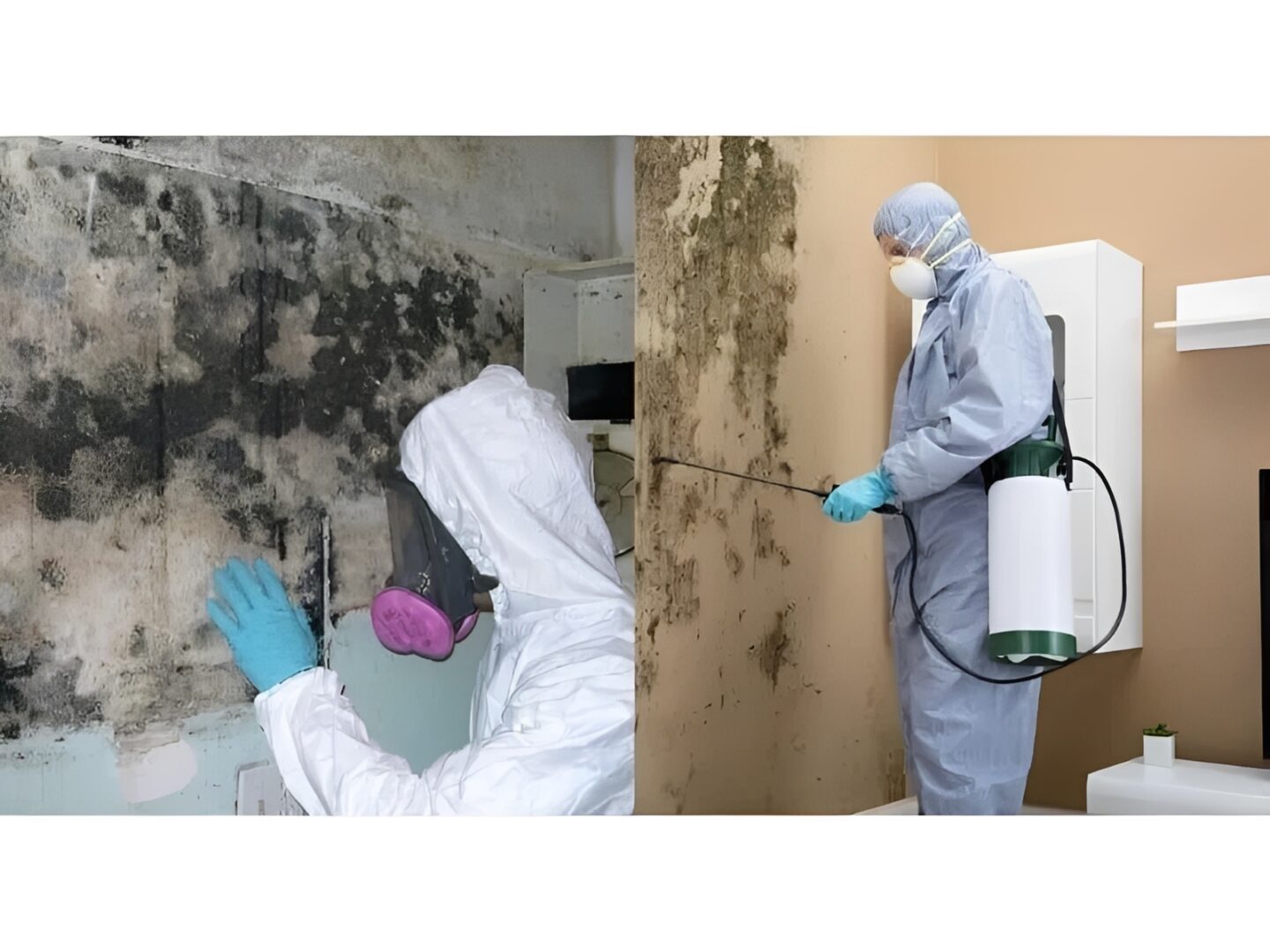 Workers removing mold in protective gear.